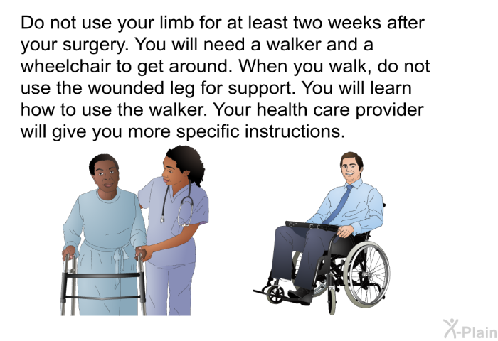 Do not use your limb for at least two weeks after your surgery. You will need a walker and a wheelchair to get around. When you walk, do not use the wounded leg for support. You will learn how to use the walker. Your health care provider will give you more specific instructions.