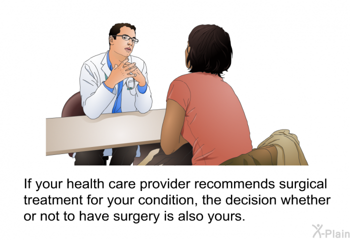 If your health care provider recommends surgical treatment for your condition, the decision whether or not to have surgery is also yours.