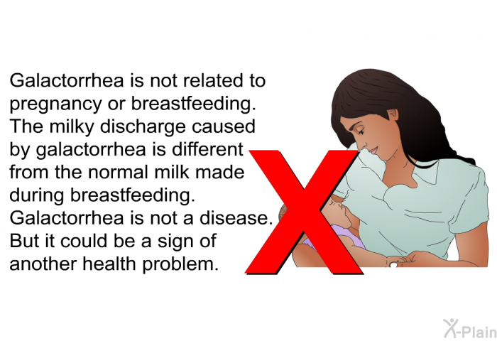 Galactorrhea is not related to pregnancy or breastfeeding. The milky discharge caused by galactorrhea is different from the normal milk made during breastfeeding. Galactorrhea is not a disease. But it could be a sign of another health problem.