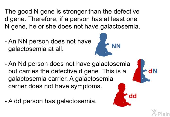 The good N gene is stronger than the defective d gene. Therefore, if a person has at least one N gene, he or she does not have galactosemia.  An NN person does not have galactosemia at all. An Nd person does not have galactosemia but carries the defective d gene. This is a galactosemia carrier. A galactosemia carrier does not have symptoms. A dd person has galactosemia.
