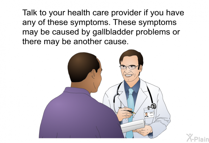Talk to your health care provider if you have any of these symptoms. These symptoms may be caused by gallbladder problems or there may be another cause.