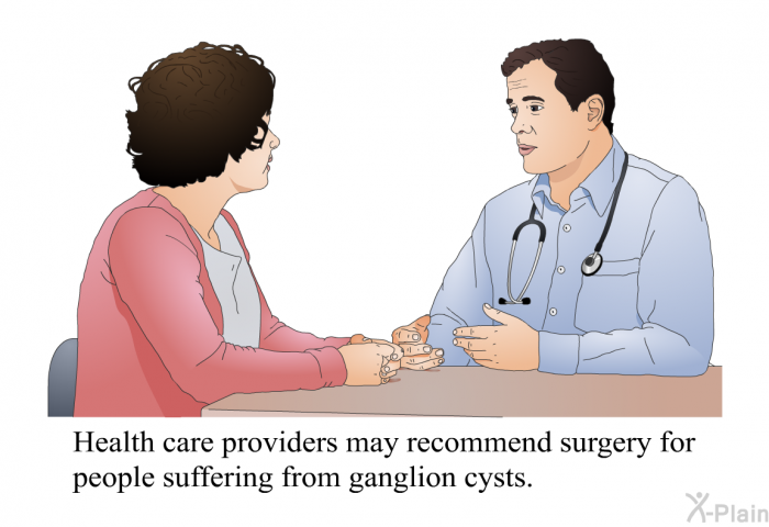 Health care providers may recommend surgery for people suffering from ganglion cysts.