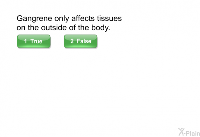 Gangrene only affects tissues on the outside of the body. Select True or False.