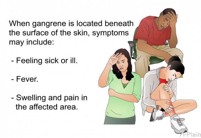 When gangrene is located beneath the surface of the skin, symptoms may include:  Feeling sick or ill. Fever. Swelling and pain in the affected area.