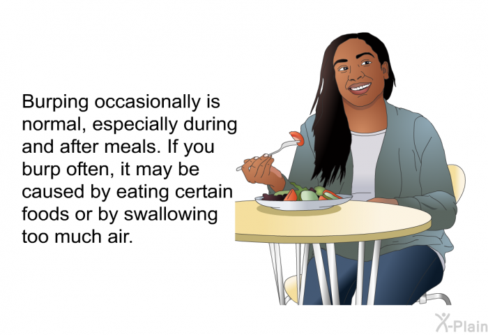 Burping occasionally is normal, especially during and after meals. If you burp often, it may be caused by eating certain foods or by swallowing too much air.