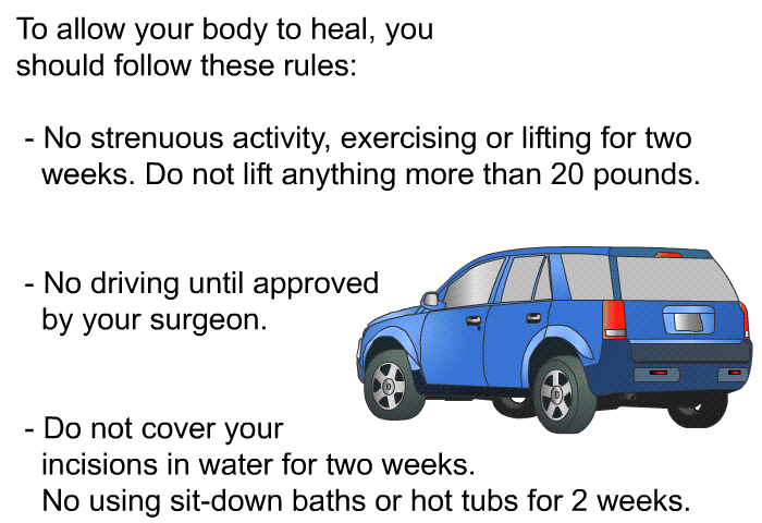 To allow your body to heal, you should follow these rules:  No strenuous activity, exercising or lifting for two weeks. Do not lift anything more than 20 pounds. No driving until approved by your surgeon. Do not cover your incisions in water for two weeks. No using sit-down baths or hot tubs for 2 weeks.