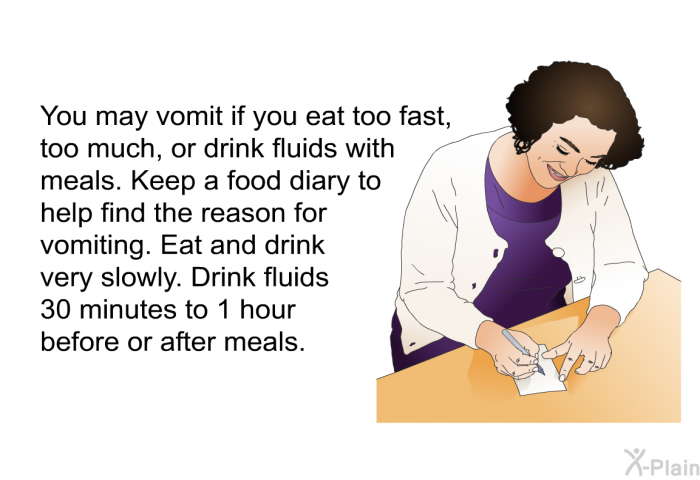 You may vomit if you eat too fast, too much, or drink fluids with meals. Keep a food diary to help find the reason for vomiting. Eat and drink very slowly. Drink fluids 30 minutes to 1 hour before or after meals.