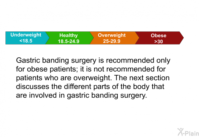 Gastric banding surgery is recommended only for obese patients; it is not recommended for patients who are overweight. The next section discusses the different parts of the body that are involved in gastric banding surgery.
