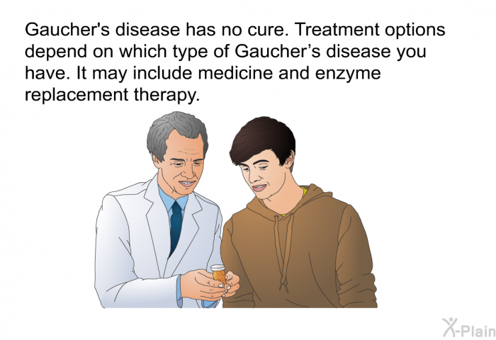 Gaucher's disease has no cure. Treatment options depend on which type of Gaucher's disease you have. It may include medicine and enzyme replacement therapy.
