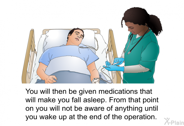You will then be given medications that will make you fall asleep. From that point on you will not be aware of anything until you wake up at the end of the operation.
