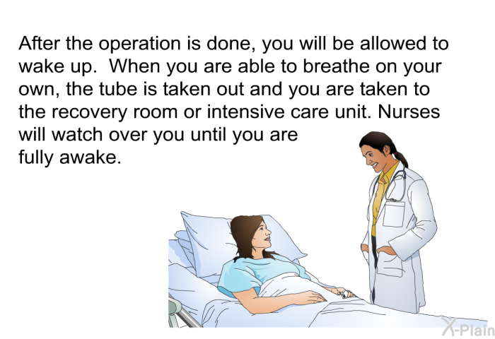 After the operation is done, you will be allowed to wake up. When you are able to breathe on your own, the tube is taken out and you are taken to the recovery room or intensive care unit. Nurses will watch over you until you are fully awake.