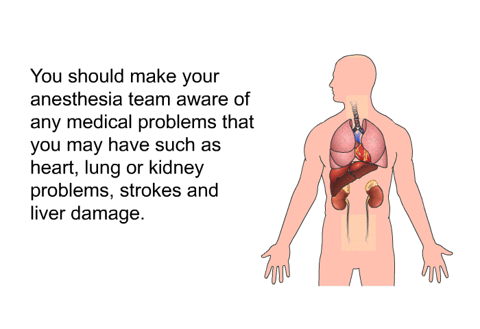 You should make your anesthesia team aware of any medical problems that you may have such as heart, lung or kidney problems, strokes and liver damage.