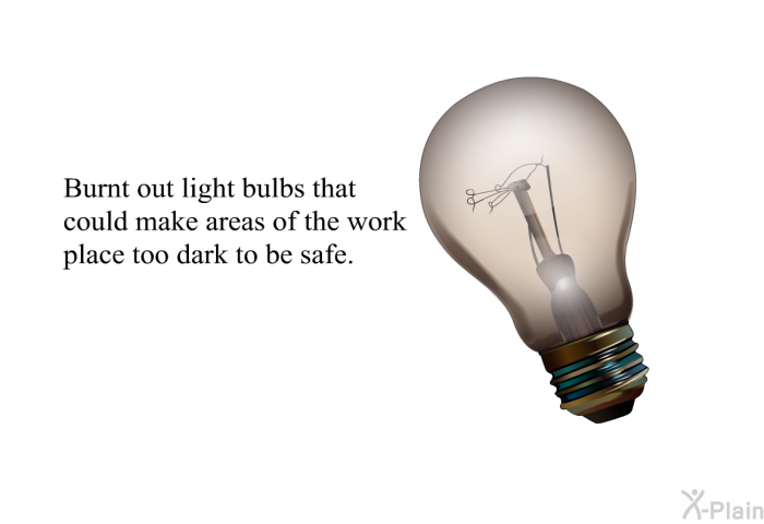 Burnt out light bulbs that could make areas of the work place too dark to be safe.