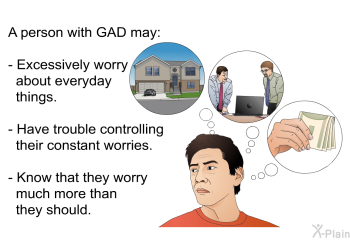 A person with GAD may:  Excessively worry about everyday things. Have trouble controlling their constant worries. Know that they worry much more than they should.