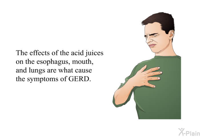 The effects of the acid juices on the esophagus, mouth, and lungs are what cause the symptoms of GERD.