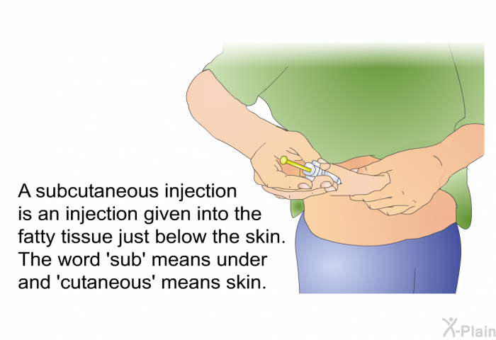 A subcutaneous injection is an injection given into the fatty tissue just below the skin. The word  sub' means under and  cutaneous' means skin.