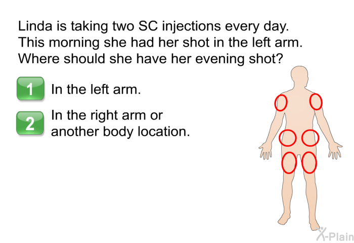 Linda is taking two SC injections every day. This morning she had her shot in the left arm. Where should she have her evening shot? Choose one of the following options.   In the left arm. In the right arm or another body location.