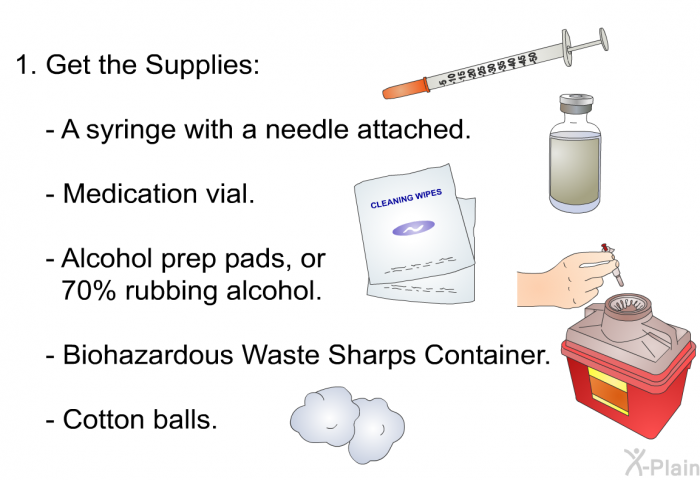 Get the Supplies:   A syringe with a needle attached. Medication vial. Alcohol prep pads, or 70% rubbing alcohol. Biohazardous Waste Sharps Container<B>. </B> Cotton balls.
