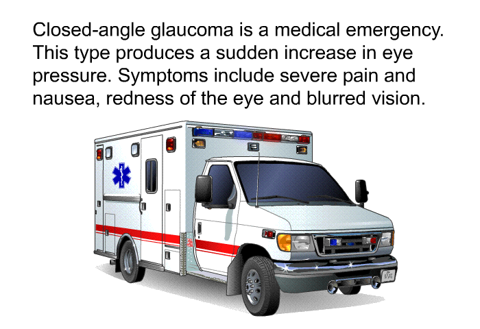 Closed-angle glaucoma is a medical emergency. This type produces a sudden increase in eye pressure. Symptoms include severe pain and nausea, redness of the eye and blurred vision.