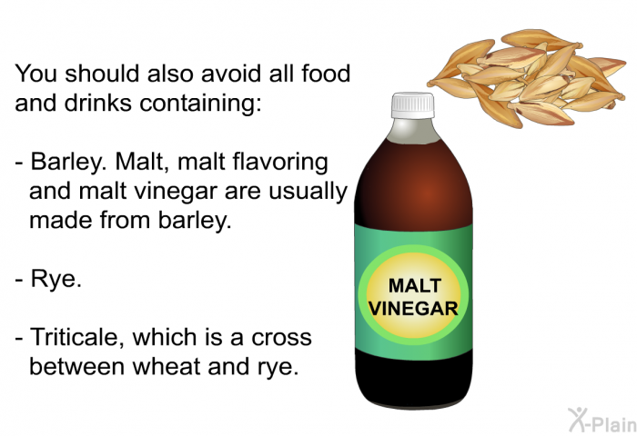 You should also avoid all food and drinks containing:  Barley. Malt, malt flavoring and malt vinegar are usually made from barley. Rye. Triticale, which is a cross between wheat and rye.