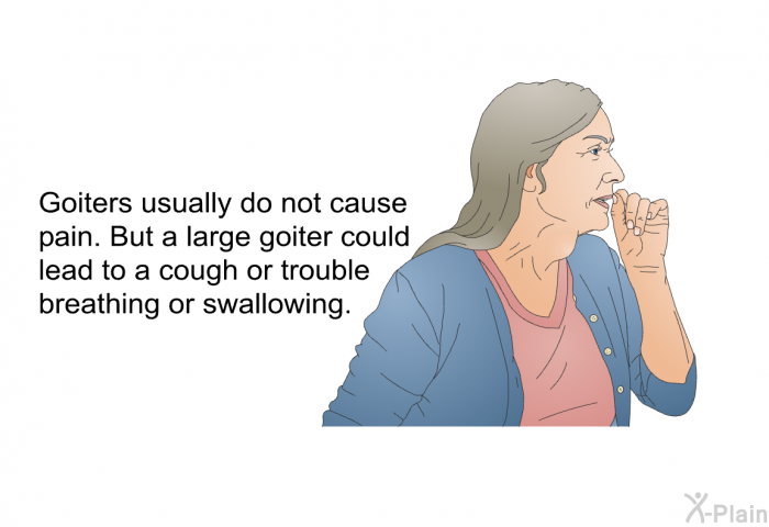 Goiters usually do not cause pain. But a large goiter could lead to a cough or trouble breathing or swallowing.