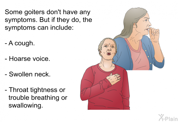 Some goiters don't have any symptoms. But if they do, the symptoms can include:  A cough. Hoarse voice. Swollen neck.   Throat tightness or trouble breathing or swallowing.