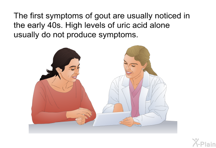 The first symptoms of gout are usually noticed in the early 40s. High levels of uric acid <I>alone</I> usually do not produce symptoms.