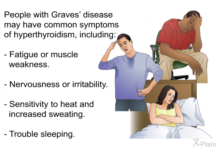 People with Graves' disease may have common symptoms of hyperthyroidism, including:  Fatigue or muscle weakness. Nervousness or irritability. Sensitivity to heat and increased sweating. Trouble sleeping.