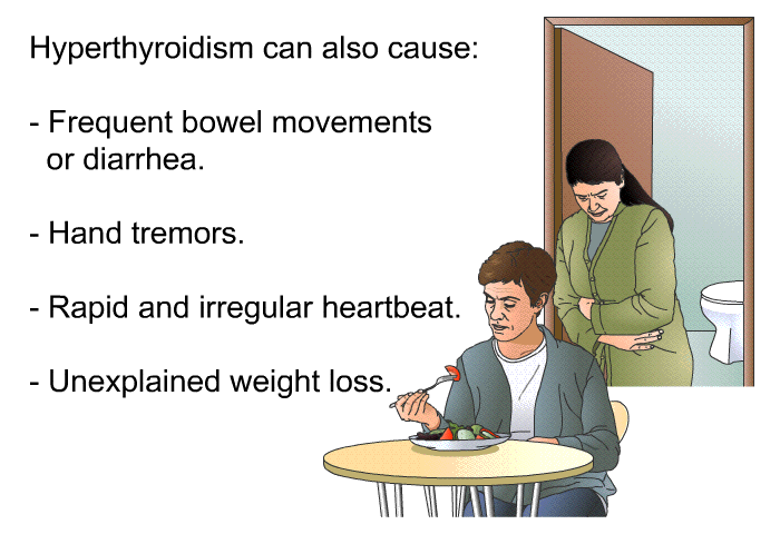 Hyperthyroidism can also cause:  Frequent bowel movements or diarrhea. Hand tremors. Rapid and irregular heartbeat. Unexplained weight loss.