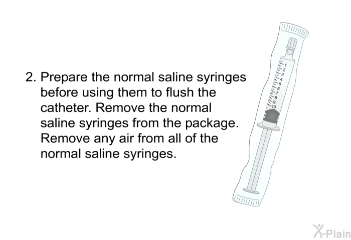 Prepare the normal saline syringes before using them to flush the catheter. Remove the normal saline syringes from the package. Remove any air from all of the normal saline syringes.