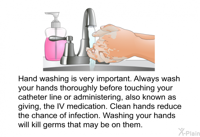 Hand washing is very important. Always wash your hands thoroughly before touching your catheter line or administering, also known as giving, the IV medication. Clean hands reduce the chance of infection. Washing your hands will kill germs that may be on them.