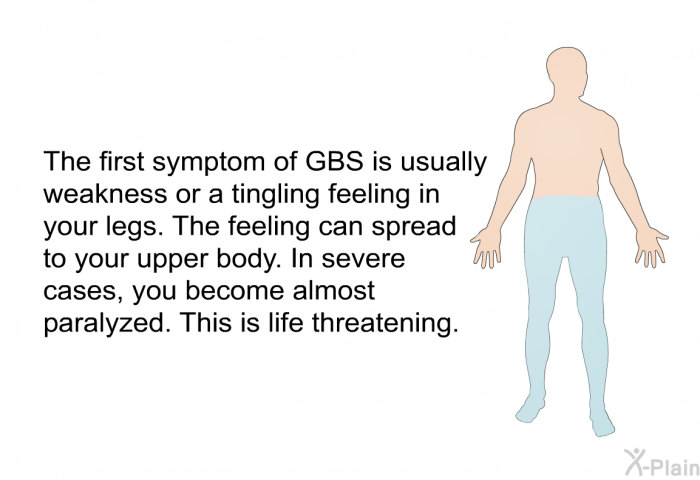 The first symptom of GBS is usually weakness or a tingling feeling in your legs. The feeling can spread to your upper body. In severe cases, you become almost paralyzed. This is life threatening.