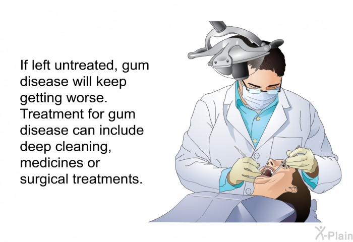 If left untreated, gum disease will keep getting worse. Treatment for gum disease can include deep cleaning, medicines or surgical treatments.