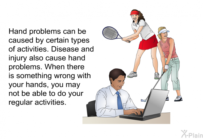 Hand problems can be caused by certain types of activities. Disease and injury also cause hand problems. When there is something wrong with your hands, you may not be able to do your regular activities.