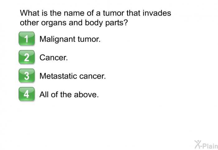 What is the name of a tumor that invades other organs and body parts?  Malignant tumor. Cancer. Metastatic cancer. All of the above.