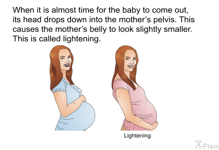 When it is almost time for the baby to come out, its head drops down into the mother's pelvis. This causes the mother's belly to look slightly smaller. This is called lightening.
