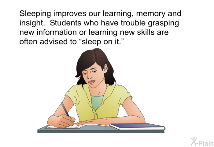 Sleeping improves our learning, memory and insight. Students who have trouble grasping new information or learning new skills are often advised to “sleep on it.”
