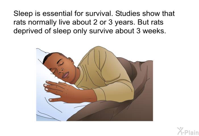 Sleep is essential for survival. Studies show that rats normally live about 2 or 3 years. But rats deprived of sleep only survive about 3 weeks.