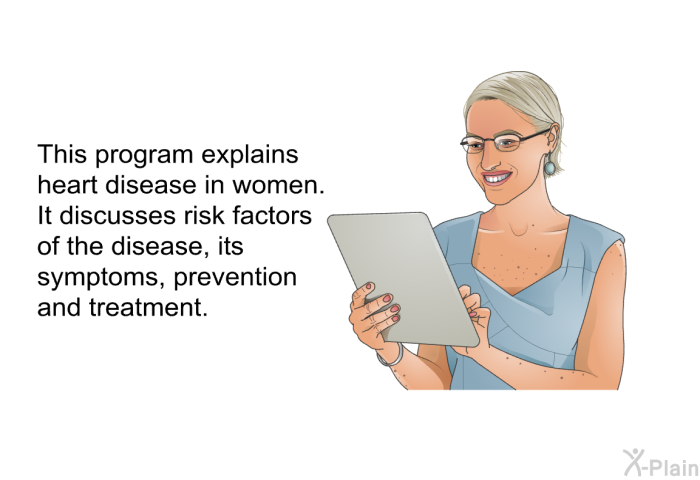 This health information explains heart disease in women. It discusses risk factors of the disease, its symptoms, prevention and treatment.