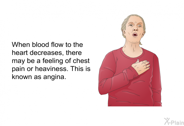 When blood flow to the heart decreases, there may be a feeling of chest pain or heaviness. This is known as angina.