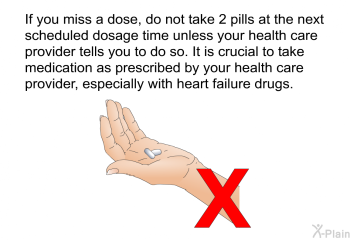 If you miss a dose, do not take 2 pills at the next scheduled dosage time unless your health care provider tells you to do so. It is crucial to take medication as prescribed by your health care provider, especially with heart failure drugs.