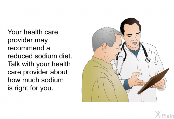 Your health care provider may recommend a reduced sodium diet. Talk with your health care provider about how much sodium is right for you.