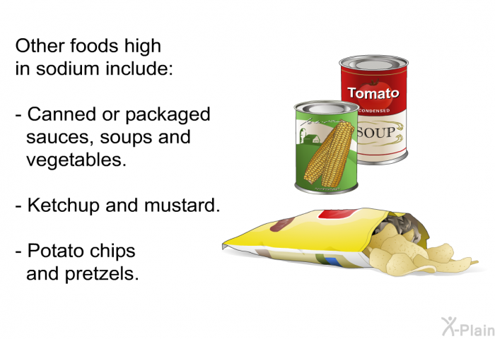 Other foods high in sodium include:  Canned or packaged sauces, soups and vegetables. Ketchup and mustard. Potato chips and pretzels.