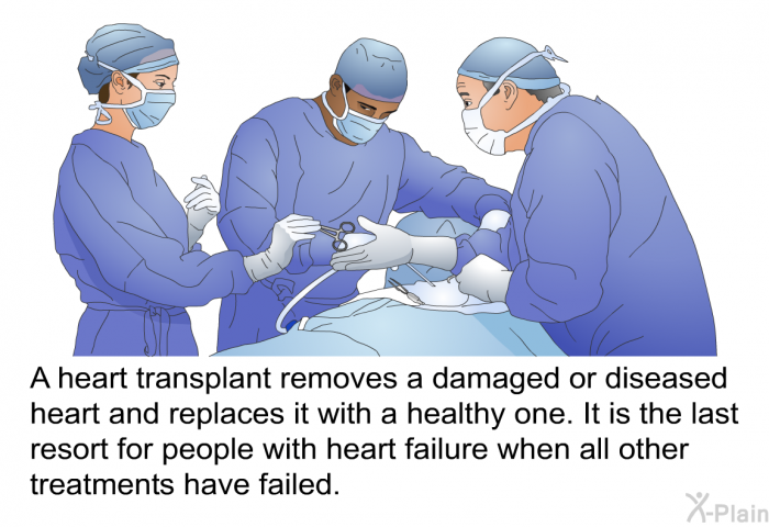 A heart transplant removes a damaged or diseased heart and replaces it with a healthy one. It is the last resort for people with heart failure when all other treatments have failed.
