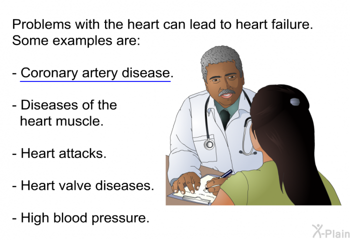 Problems with the heart can lead to heart failure. Some examples are:  Coronary artery disease. Diseases of the heart muscle. Heart attacks. Heart valve diseases. High blood pressure.
