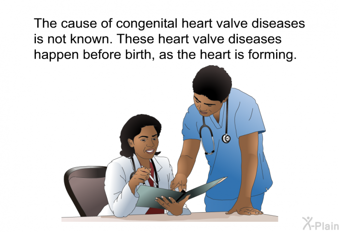 The cause of congenital heart valve diseases is not known. These heart valve diseases happen before birth, as the heart is forming.