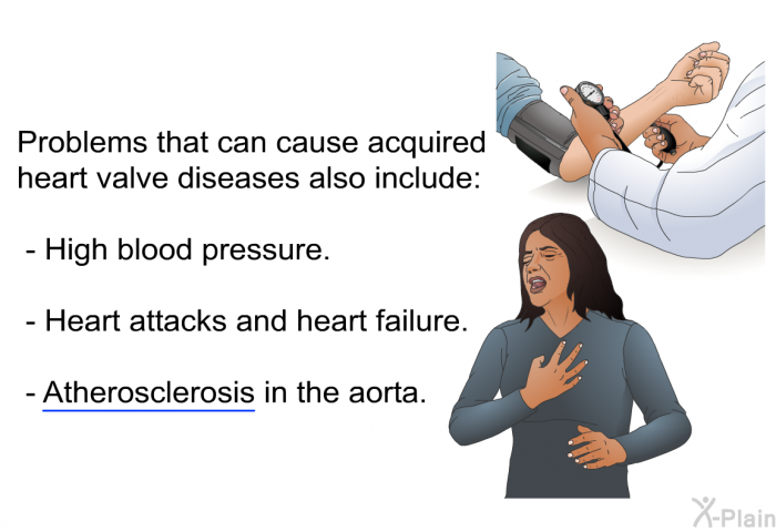 Problems that can cause acquired heart valve diseases also include:  High blood pressure. Heart attacks and heart failure. Atherosclerosis in the aorta.