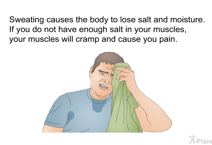 Sweating causes the body to lose salt and moisture. If you do not have enough salt in your muscles, your muscles will cramp and cause you pain.