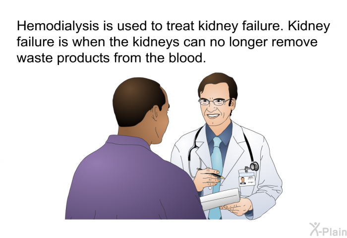 Hemodialysis is used to treat kidney failure. Kidney failure is when the kidneys can no longer remove waste products from the blood.