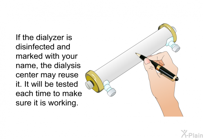 If the dialyzer is disinfected and marked with your name, the dialysis center may reuse it. It will be tested each time to make sure it is working.